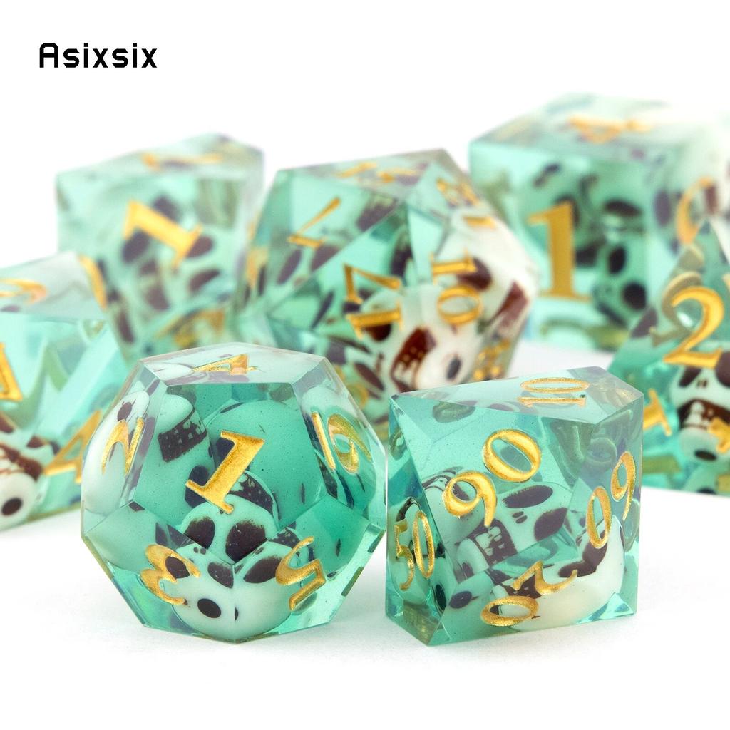 7 Pcs Green Skull Resin Golden Number Sharp Edge Dice Polyhedral Dice Suitable for Role-Playing RPG  Board Game Card Game