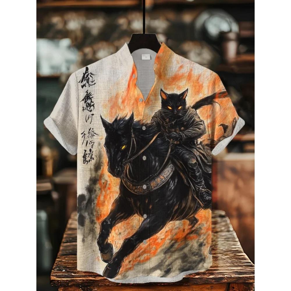 Camisa con Estampado de Pez de Arte Japonés, Nueva Camisa Cardigan de Verano de Manga Corta con Cuello Alto, Camisa Transpirable Casual de Calle para Hombre