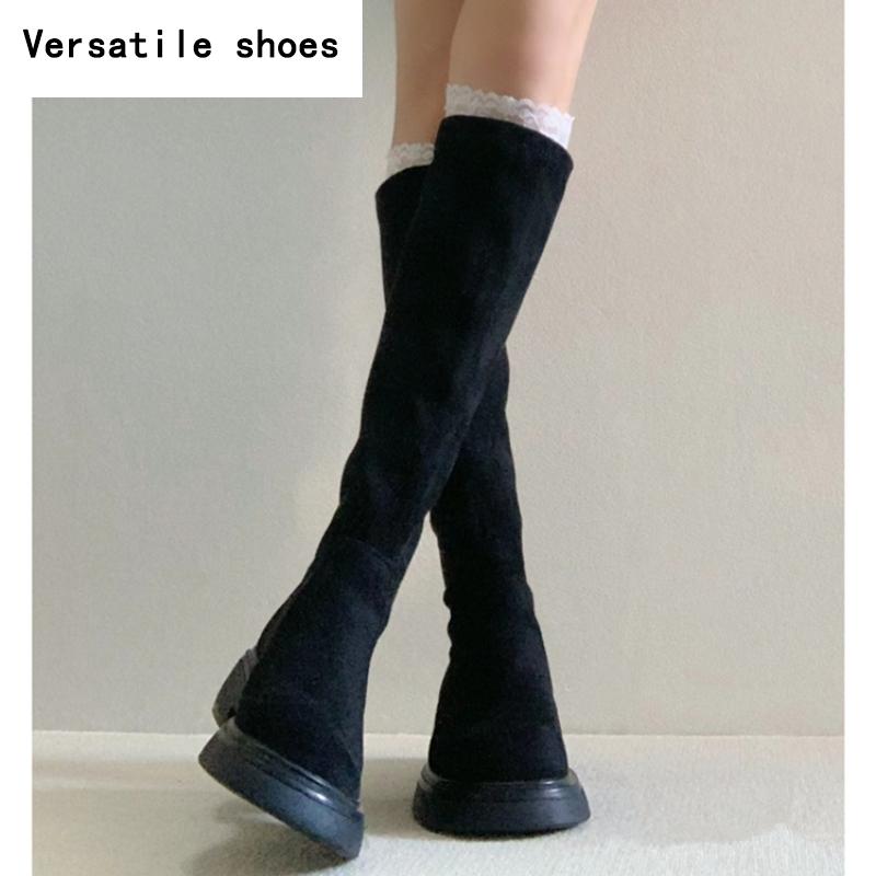 Herbst Winter Damen Stretch Kniehohe Stiefel Mode Slip On Vintage Eckige Absätze Damen Prägnante Lange Damenstiefel