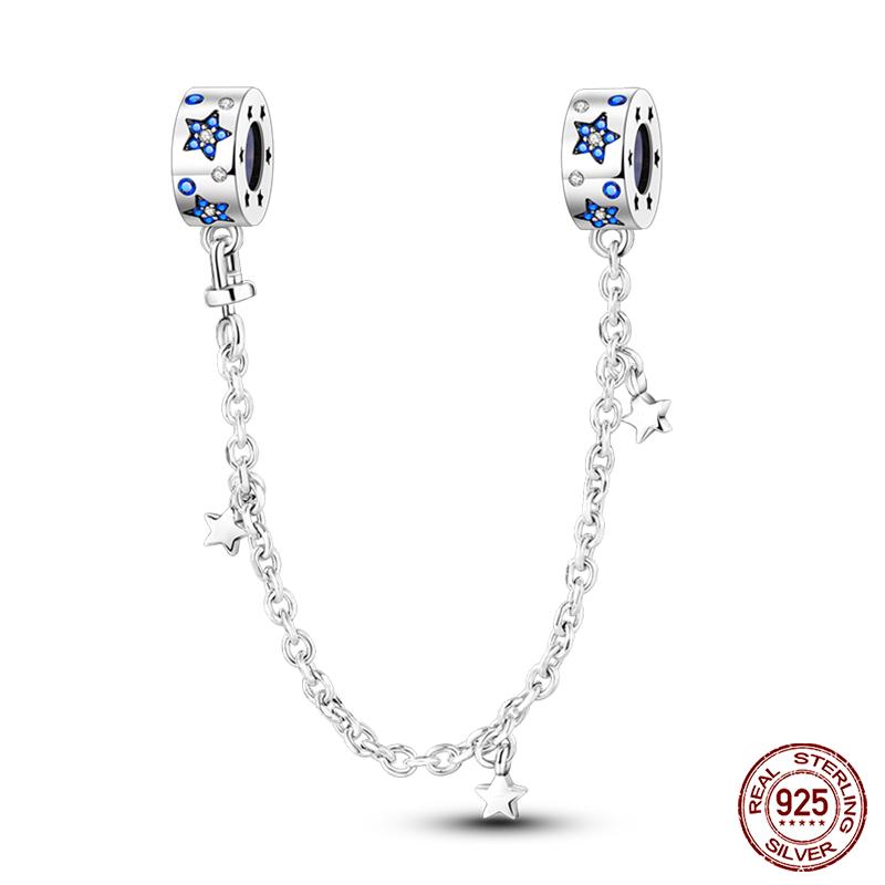 Real 925 Silver Stars & Moon Sunflower Safety Chains Spacer Beads Charms Fit Qikaola 925 Bracelets DIY Jewelry