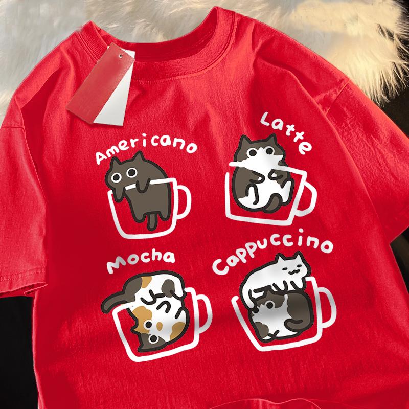 Katze Kaffee Reine Baumwolle Trendiges Sommer Locker Kurzärmeliges T-Shirt Unisex Damen Original Mokka Latte Katze Drei Blumen Lustige Katzen-T-Shirts