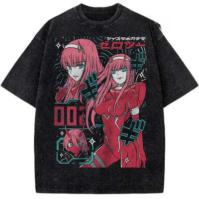 Zero Two Print T-shirt Anime DARLING In The FRANXX Clothing Men Women Cotton Tshirts Retro Washed T Shirt Harajuku Male Tops