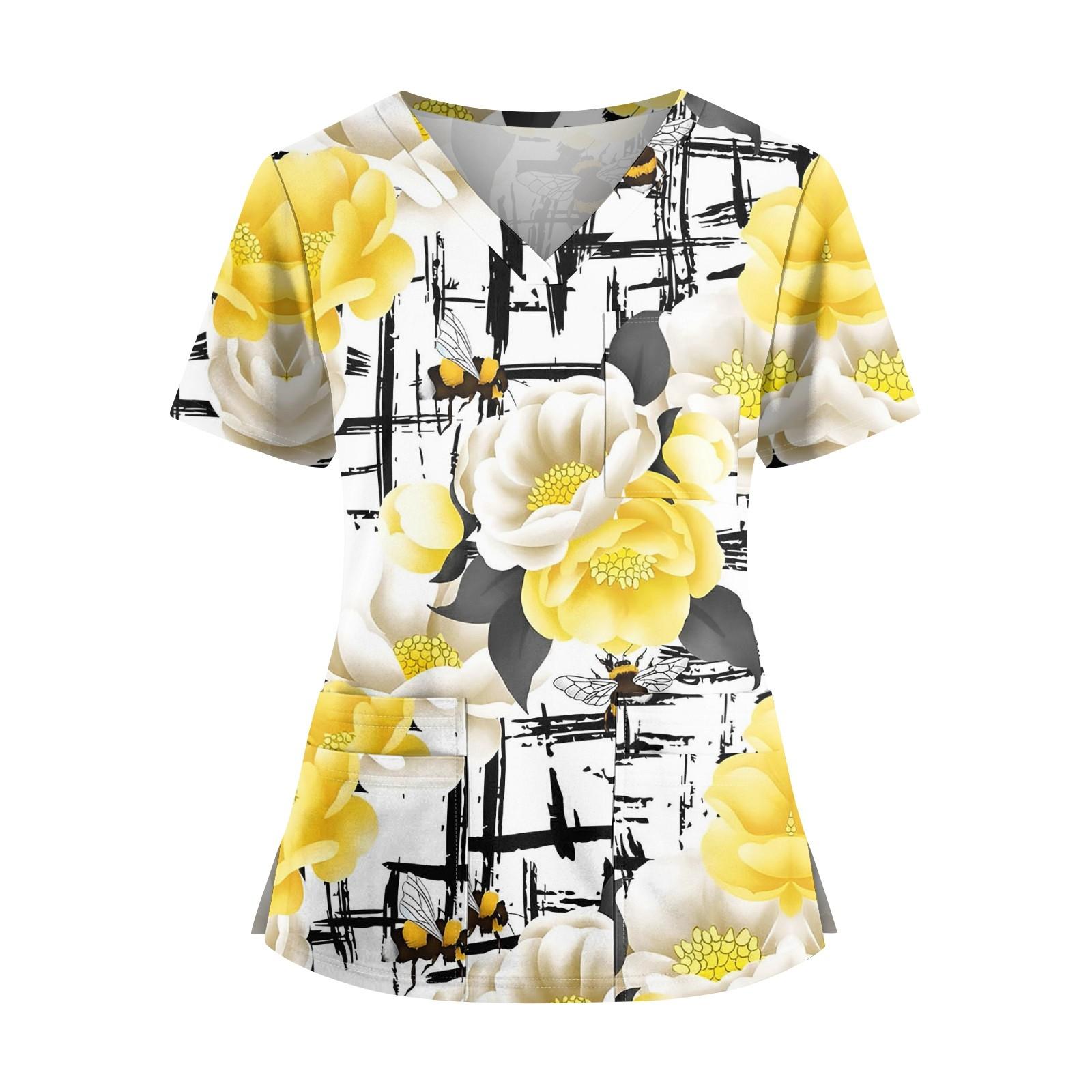 

Плюс размерСкраб с принтом Рабочая форма Топы для женщин Крест V-образным вырезом Хэллоуин Принт с короткими рукавами Забавные футболки Спецодежда Футболка с карманами L жёлтый