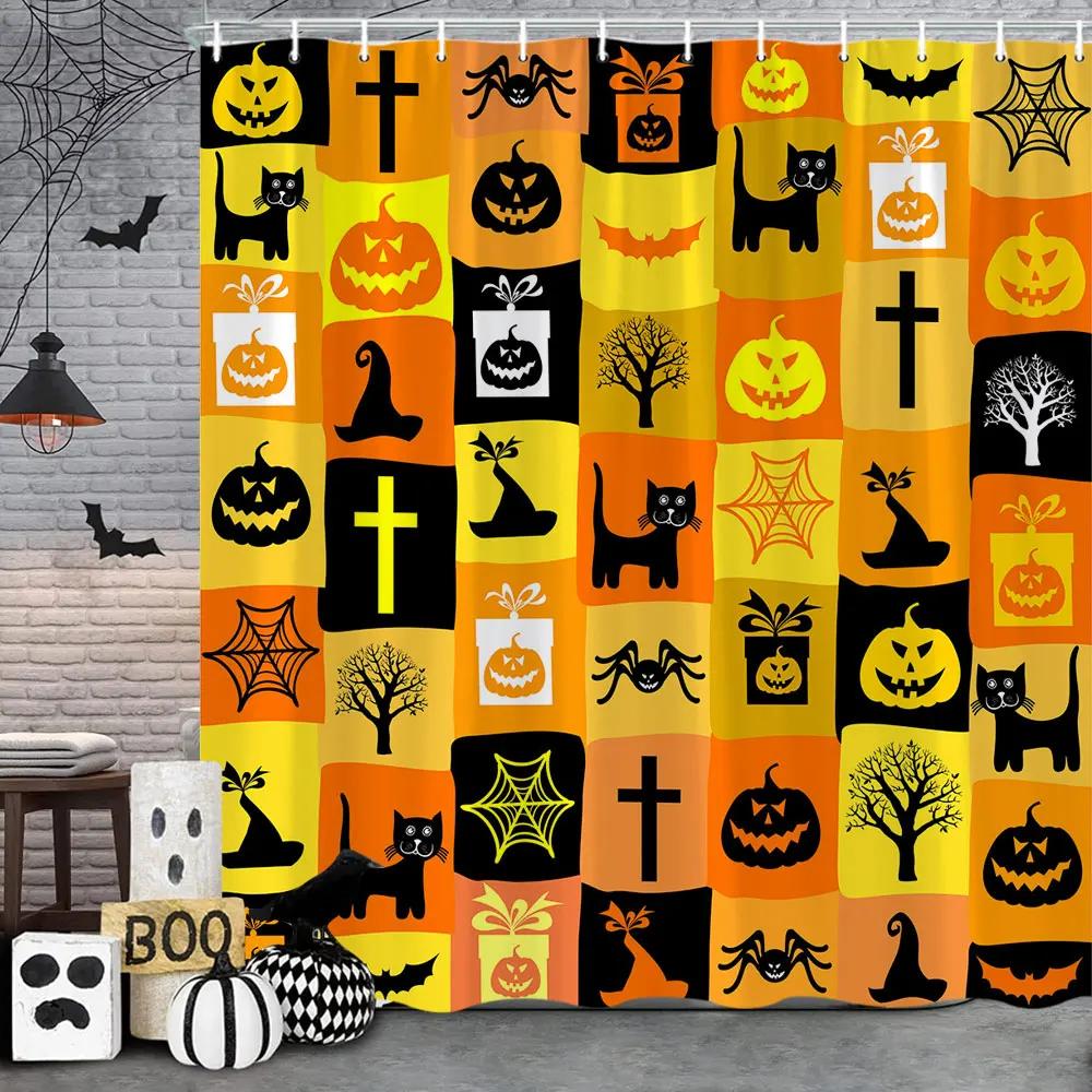 Bathroom Halloween Gnome Truck Shower Curtain Pumpkin Trick-or-Treaters Spooky Witch Spooky Skull Fabric Shower Curtain Festive