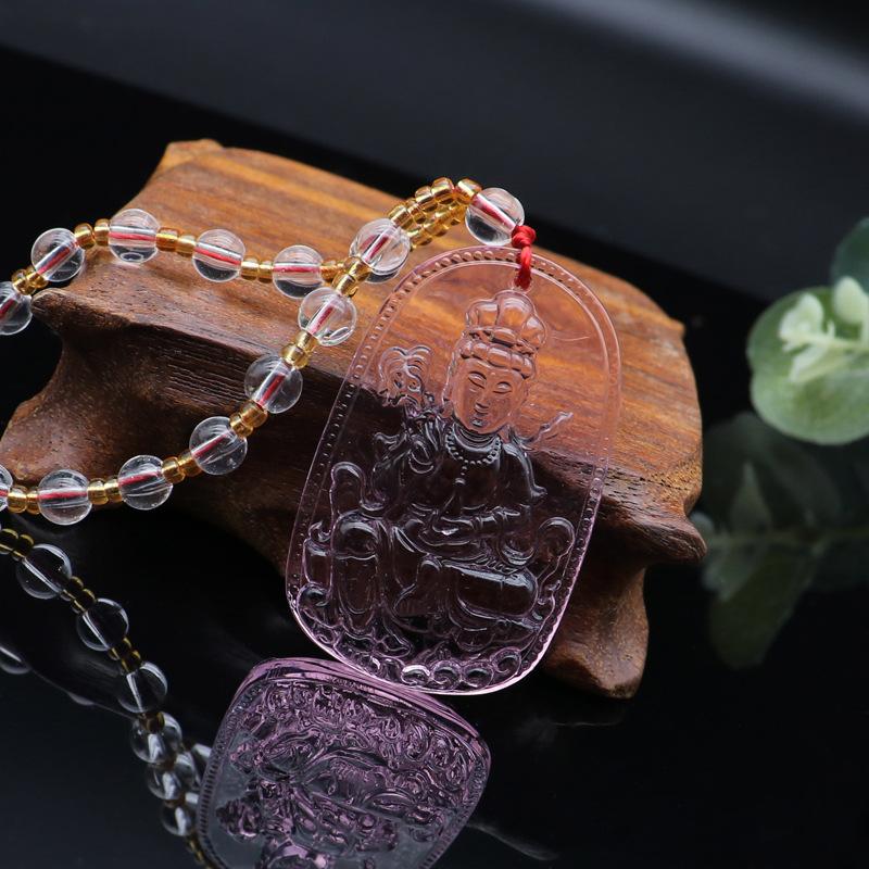 Chinese Style Pink Imitation Crystal Guanyin Buddha Necklace Versatile Sweater Chain Fashion Jewelry Mother'S Day Gift