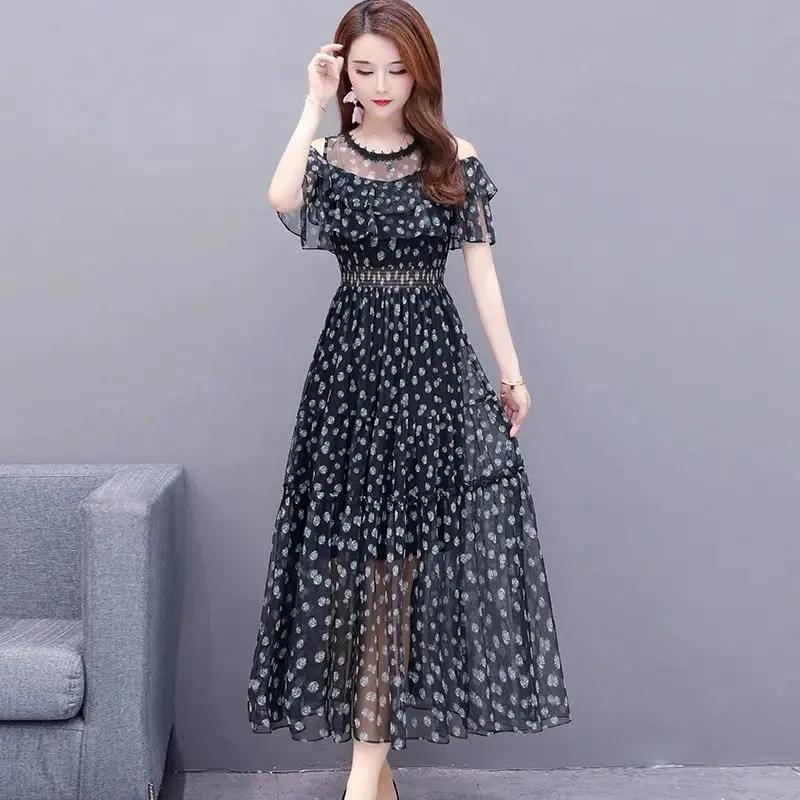 Women's Summer Elegant Off-Shoulder Beach Dress Chiffon Floral Print Knee-Length Dress