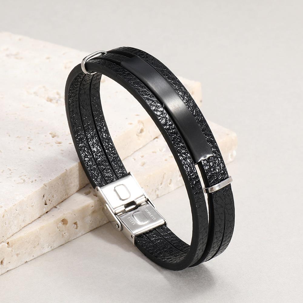 DPANCO Simple Blank Stainless Steel Rhodium Plated Magnetic Buckle Geometric Design PU Leather Men's Cuff Bracelets Fashion