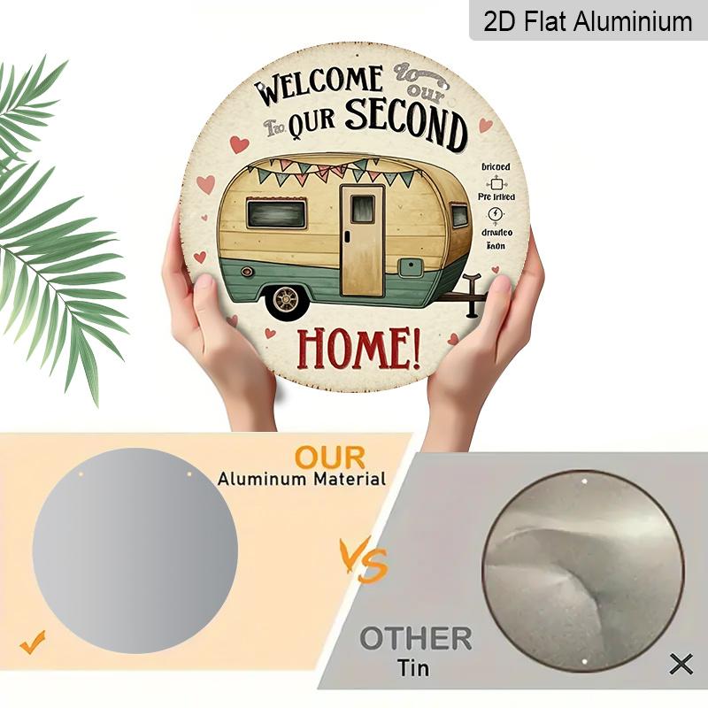 2D Flat, 1pc 7.87inchs Rustic Farmhouse Welcome Aluminum Plaque "Welcome Our Second Time" Camper Van Door Sign - Vintage RV Wall Decor with Hearts