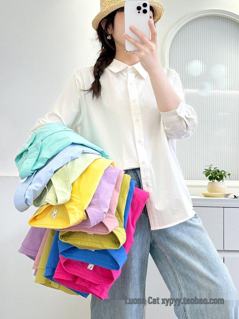 Women's Candy Color Long Sleeve Cotton Shirt - Minimalist, Versatile, and Slimming Design