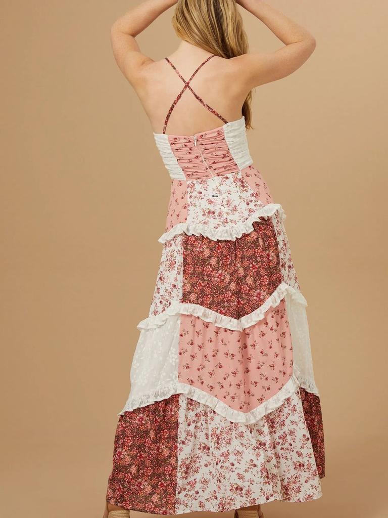 Women's Sleeveless Strappy Digital Printed Maxi Dress Patchwork Skirt