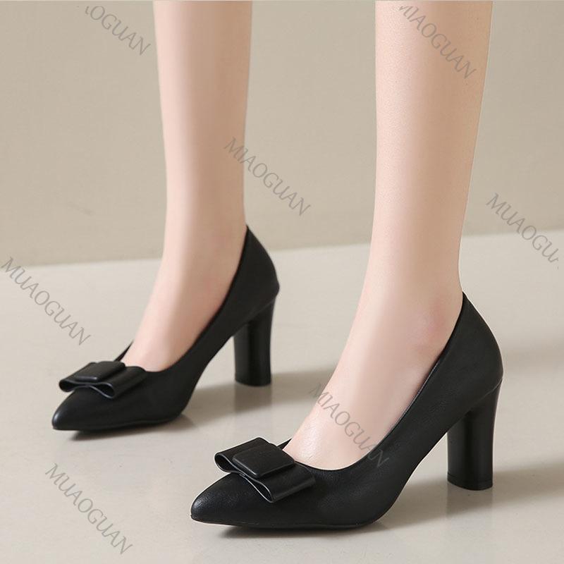 Elegant Heel Women's Shoes Spring Auutmn New Bow Ladies Temperament Thick High Heels Pointed Toe Woman Shoes Solid Women's Heels