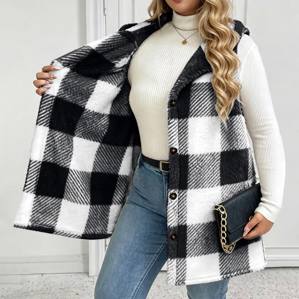 Women's Fashion Plaid Hooded Button-Front Vest Jacket