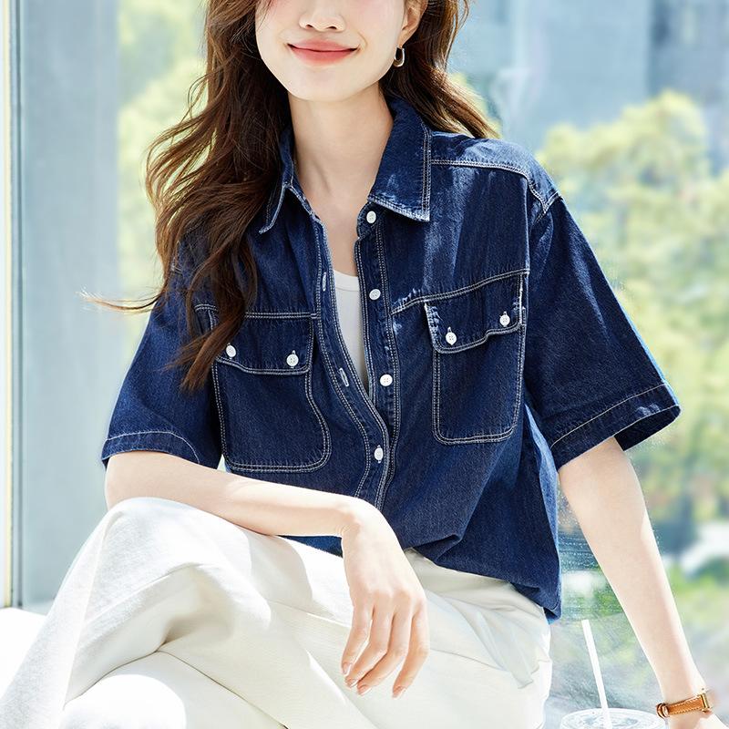 Denim Blue Shirt Women's Short Sleeves Summer New Thin Top Retro Shirt