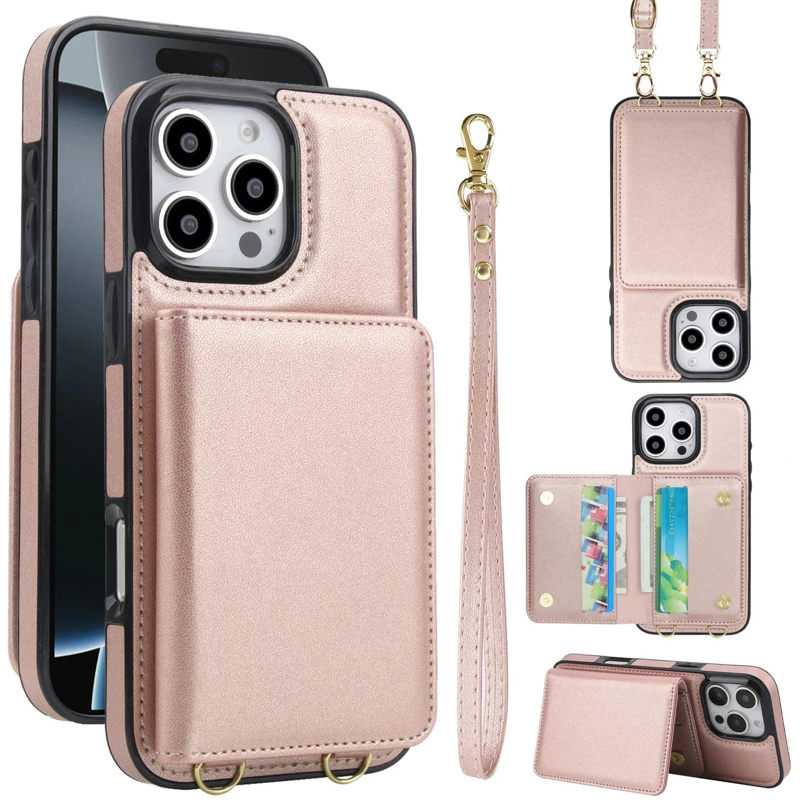

Crossbody Wallet RFID Blocking Card Holder Phone Case For iPhone 16e 16 Pro Max 15 14 11 13 12 Mini X XS X 7 8 Plus SE 2020 2025 iPhone 13 mini розового золота