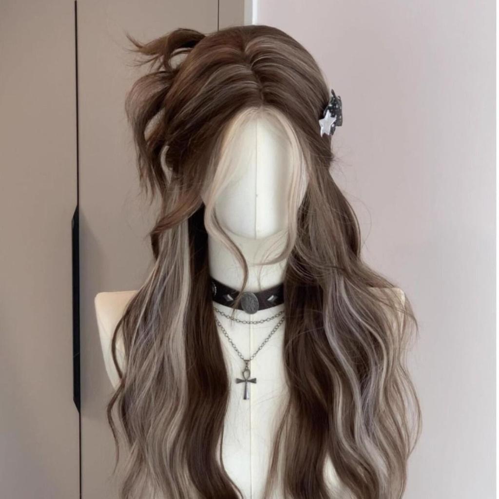Grey gold highlights big wave long curly hair synthetic wig-Lolita long straight hair breathable chemical fiber headgear
