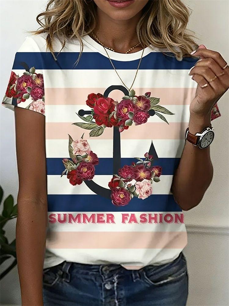 Summer Anchor Stripe 3D Print T-Shirts Women Casual Short Sleeve Round Neck T Shirt Harajuku Y2K Tees Top Female Street Clothing