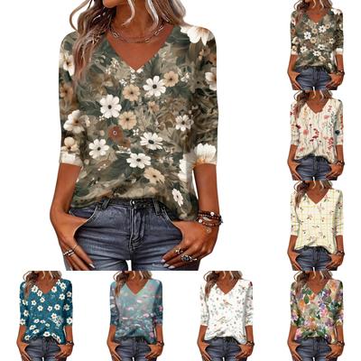 Damen V-Ausschnitt 3/4 Ärmel Lässiges Lockeres Oberteil Leichtes Hemd Bluse mit Blumendruck für den Alltag