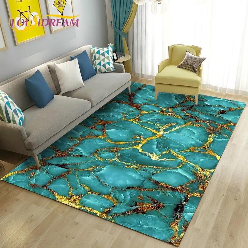 Nordic Marble Texture Goldren Cyan Area Rug Large,Carpet Rug for Living Room Bedroom Sofa Doormat Decor,Kid Non-slip Floor Mat