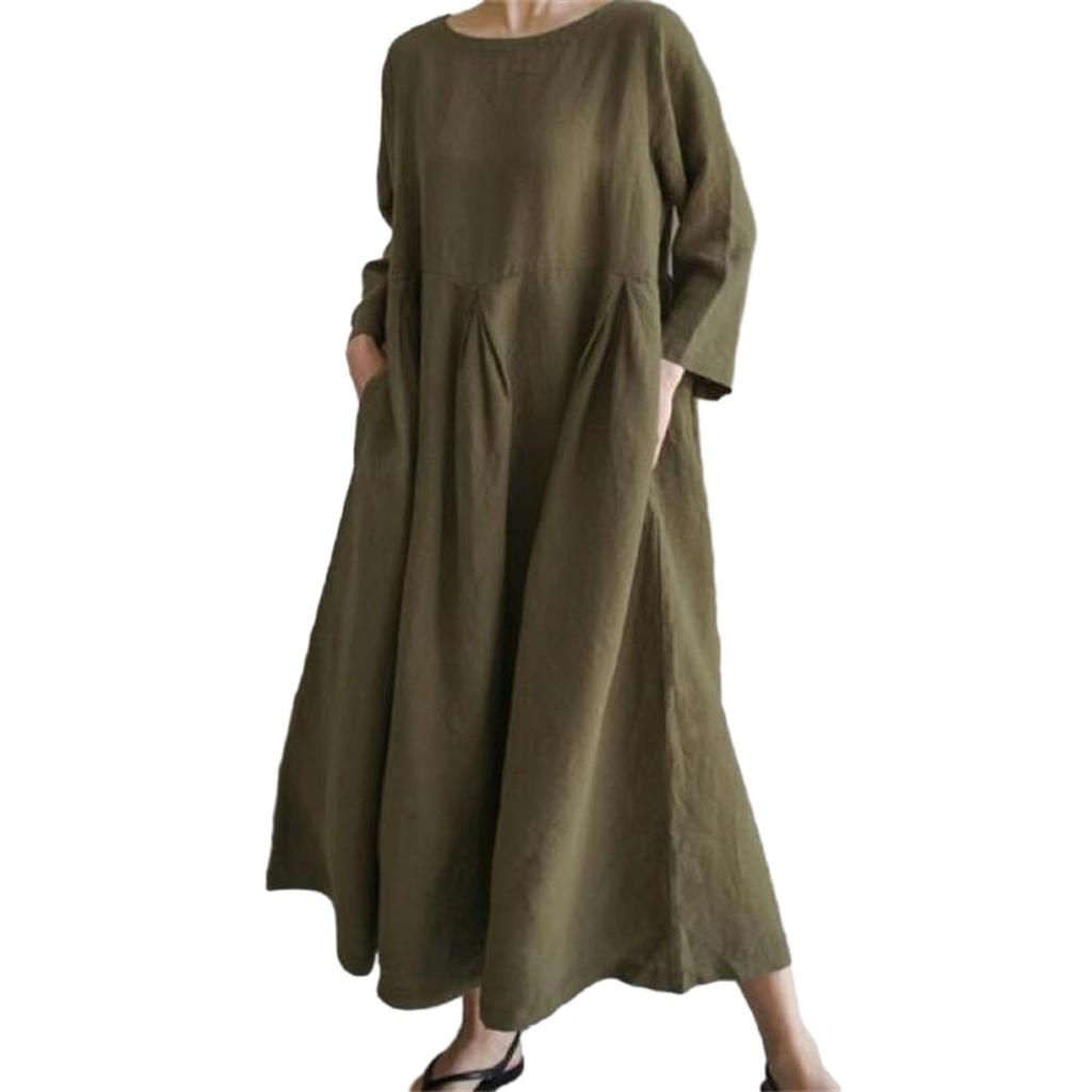 A Fashionable -color Round-neck, Long-sleeved, Loose And Large-swing Pocket Dress For Ladies