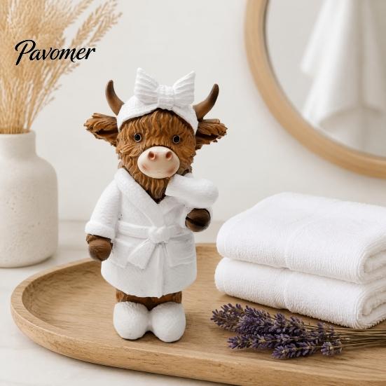 Environmentally Friendly Resin Decor Highland Cow Bathroom Figurine, Bathrobe Statue, Wateroroof Small Desktop Figurine Gift Animal Ornament for Sink