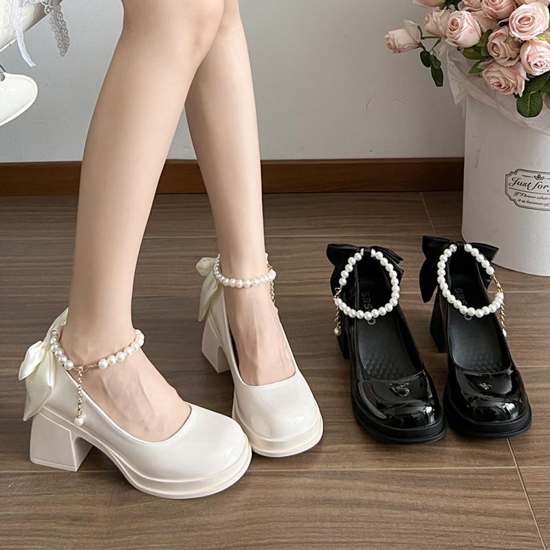 Fashion Silk Bowknot Chunky Heel Pumps Women Patent Leather High Heeled Mary Jane Shoes Woman Elegant Pearls Chain Party Princess Shoes