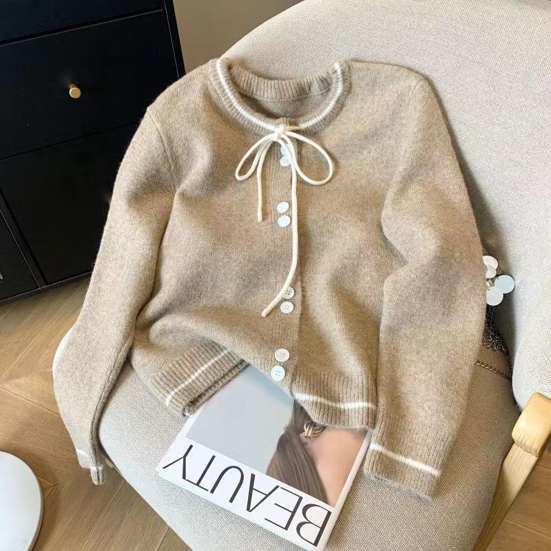 French sweet bow lace-up knitted cardigan small fragrant style early autumn small sweater jacket contrasting color college style