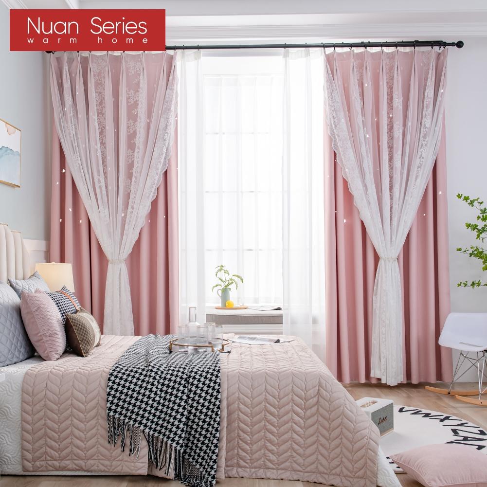 A Set of Nuan Series Hollow Star Blackout Curtain and Lace Sheer Curtains Integrated Gauze Curtain and Curtain for Living Room Bedroom Home Decor