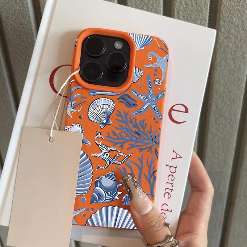 

Blue Shell Star Coral Pattern Lychee Texture Phone Case For iPhone 17 Pro Max 16 15 14 13 12 11 Pro 15 Plus 17E Silicone Cover iPhone X