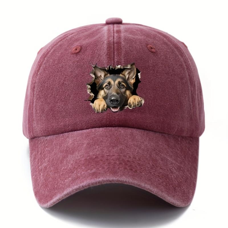 Adjustable retro washed baseball cap with German Shepherd print suitable for casual hip-hop hats at parties and festivals