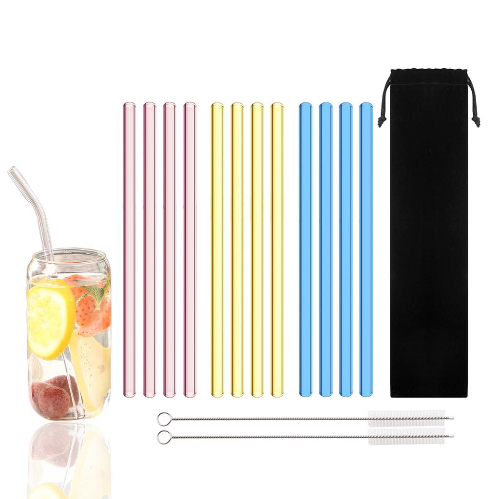 15 Pack Reusable Glass Straws, 8inch X 8mm Drinking Straws Travel Set, Include 12 Straws, 2 Cleaning Brush, 1 Bag, For Smoothies, Beverages, Juice