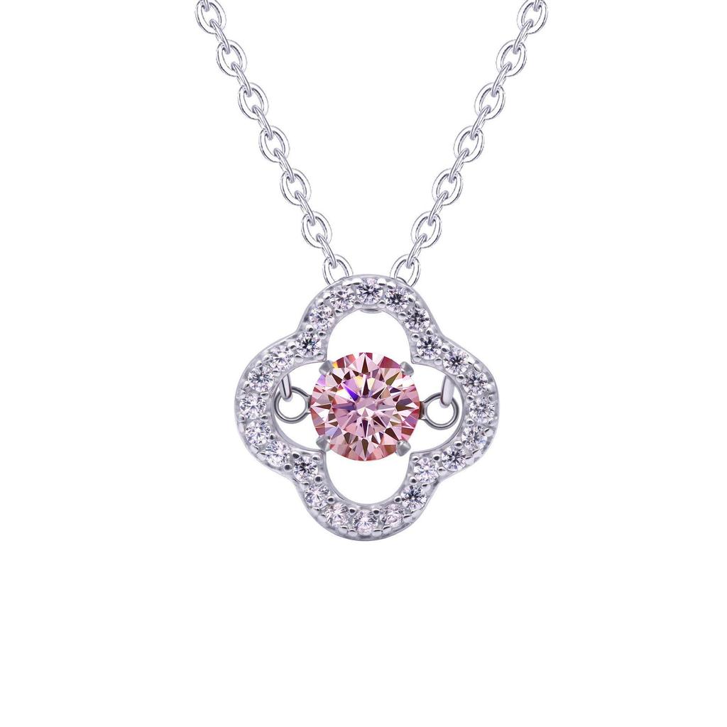 S925 Silver Dancing Heart Moissanite Necklace: Women's 50-Point Colored Moissanite Clover Pendant on Clavicle Chain
