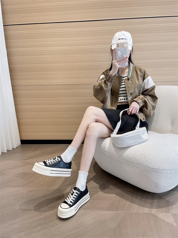 Women's 2023 Spring Genuine Leather White Platform Sneakers - All-Match Round Toe, Thick-Soled Sports Casual Shoes