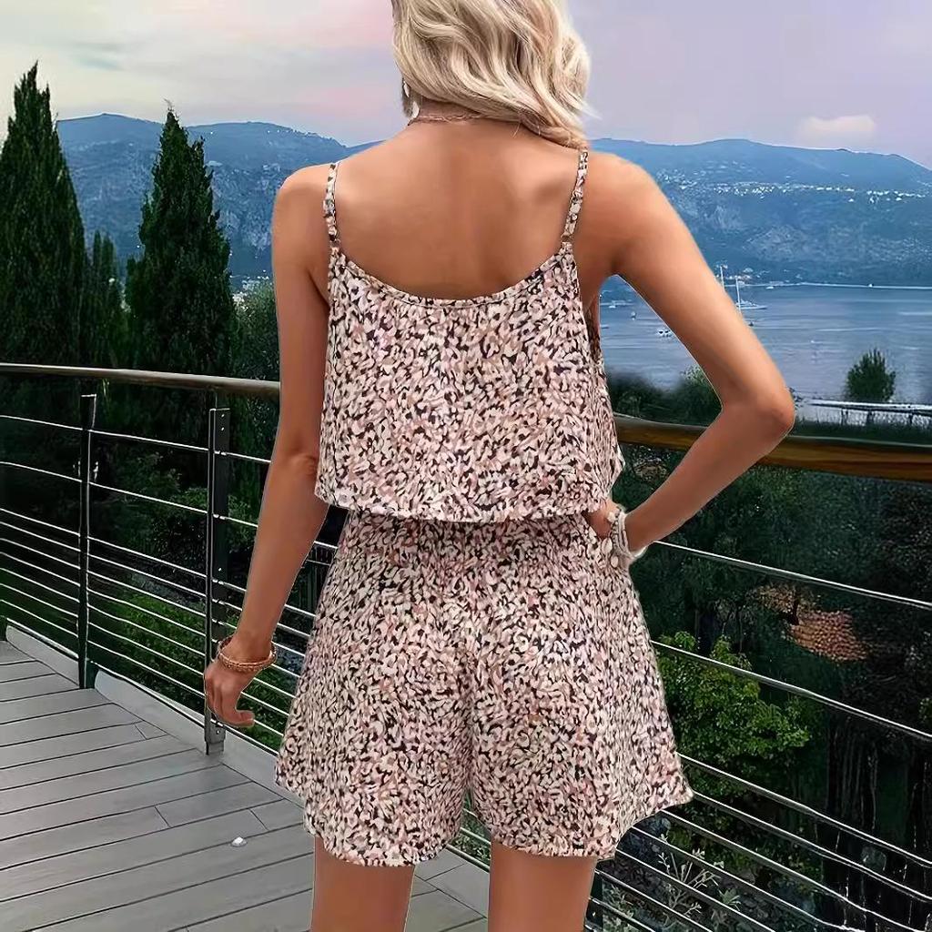 2024 Floral Spaghetti Strap Backless Romper - Women's European & American Style Summer Mini Skirt