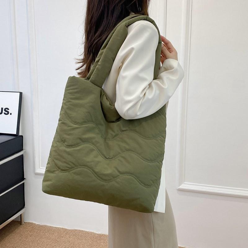 Soft waxy cotton tote bag Female commuter student class shoulder bag Lightweight nylon bag Solid color waterproof handbag