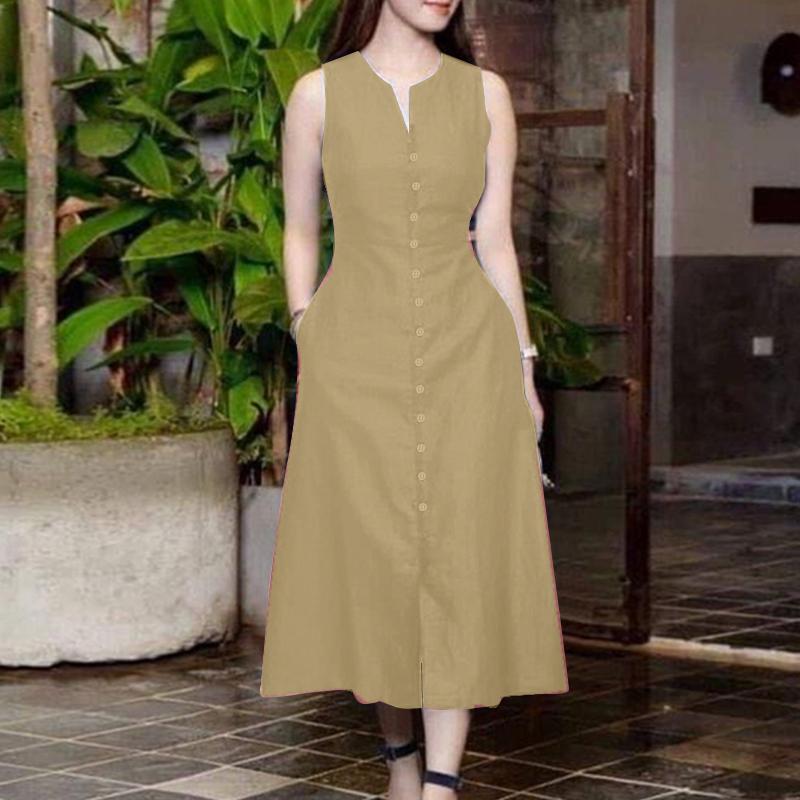 

Женское повседневное летнее платье без рукавов с открытыми плечами ZANZEA бежевый