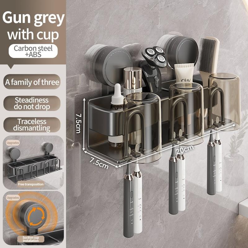 No Need To Drill Suction Cup Bathroom Toothbrush Holder With Cups, Toothbrush Sorage Rack, Mouthwash Cup, Brushing Cup