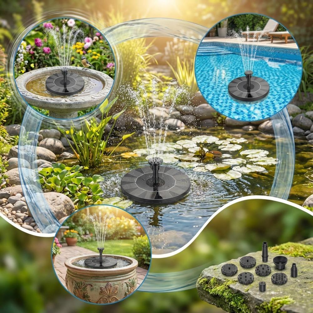 Outdoor Solar Fountain, Solar Water Fountain with 6 Nozzles Various Water Features and 4 Stabilizing Bar, DIY Garden Bird Bath