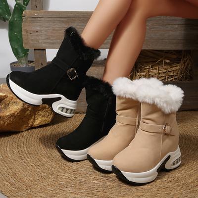 Fashion Women's Belt-buckle Warm Large-sized Snow Boots for Women 2025 Winter New Style Side Zipper Wool Cotton Shoes