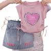 Dziewczęcy Letni Różowy T-shirt z Sequinami w Kształcie Serca - Dopasowany Krój, Uroczy Krótki Rękaw ze Wciąganą Talią