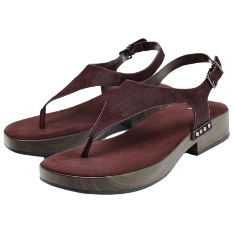 Zara Cowhide Vintage Open-Toe Strap Sandals 4Cm Women Sandals Crimson 3645510624