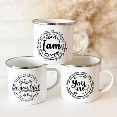 Je suis/Tu es Fort(e) Belle Tasses Émaillées Chrétiennes Tasse à Café pour Voyage en Plein Air Boisson Dessert Lait Poignée Vintage Vaisselle Cadeaux