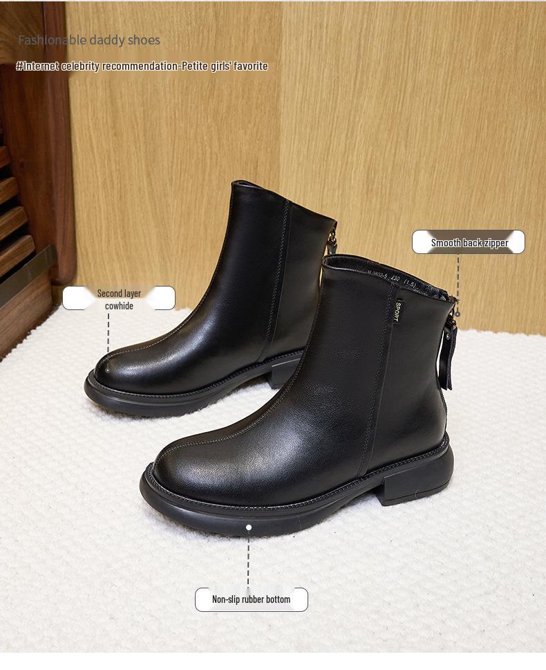 Women's Vintage Korean Style Mid-Calf Leather Martin Boots, Autumn/Winter Collection, Plus Size, Back Zipper, Casual Slimming Design.