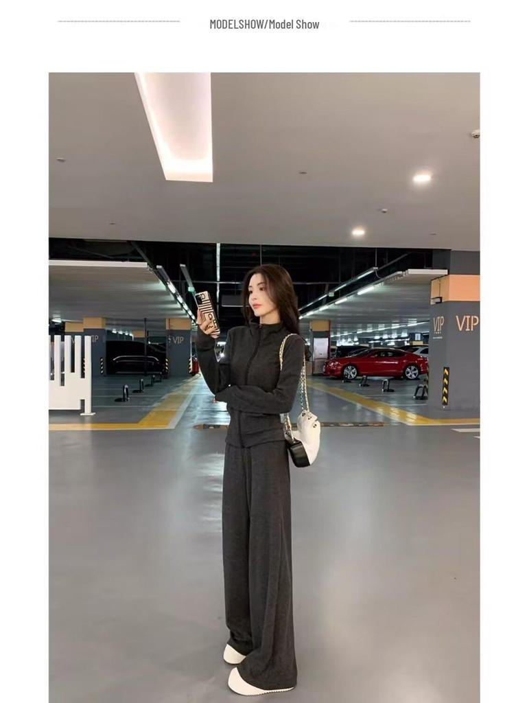 Korean Elegant Slimming Two-Piece Sportswear Set for Women - High Neck Cardigan Hoodie & Long Pants for Spring/Autumn.