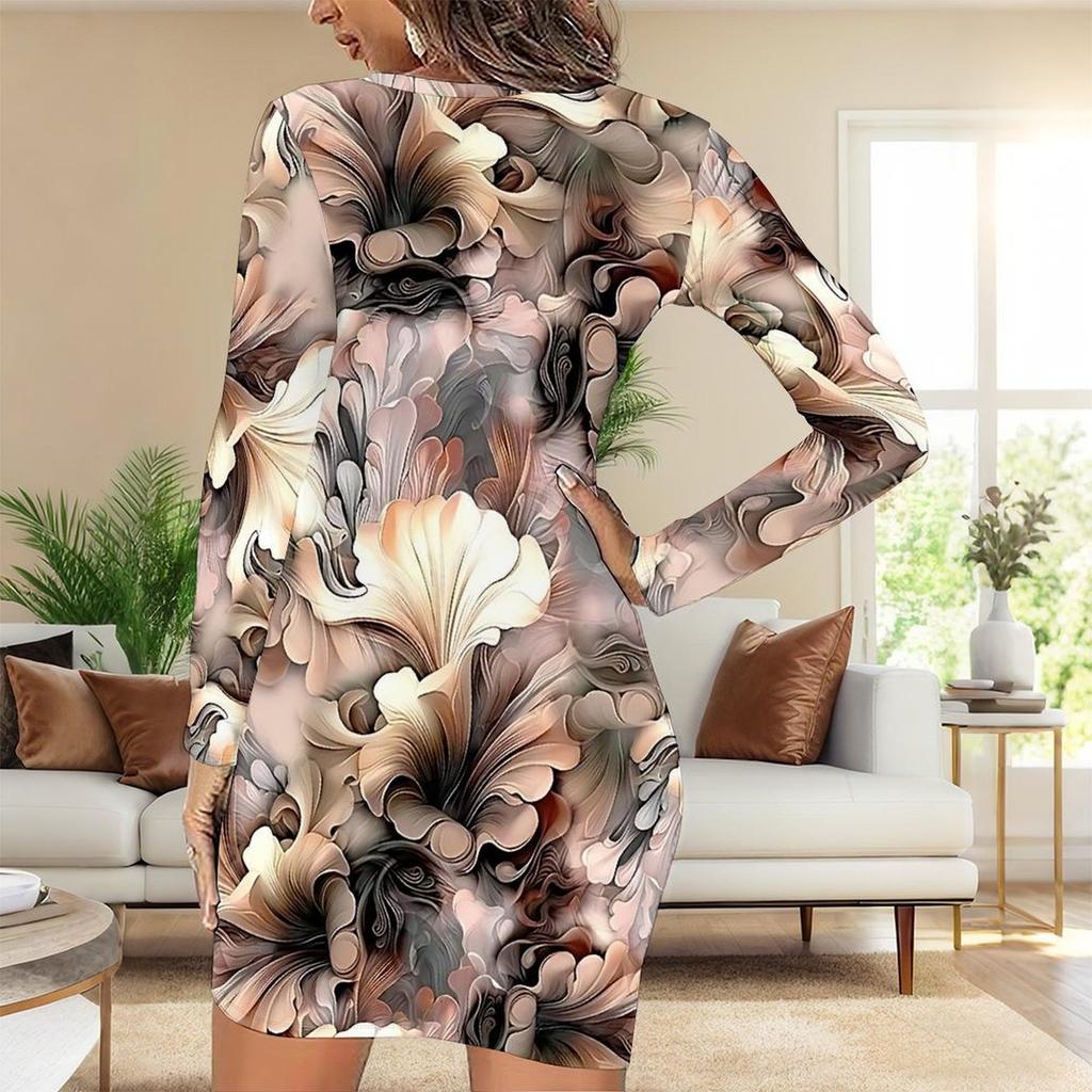 2025 Outono e Inverno Novo Estampa Floral 3D e Tingimento Moda Feminina Manga Longa Gola Redonda Vestido Envolvente de Quadril Dia dos Namorados Limitado