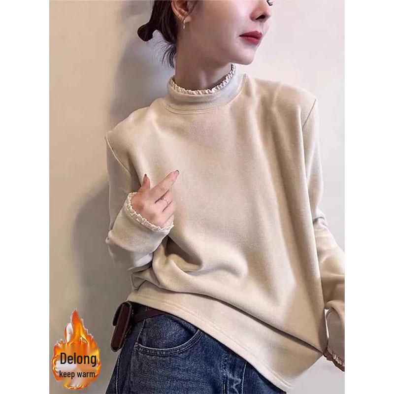 Color-Contrast Lace Half-High Collar Fleece Long-Sleeve Women's T-Shirt - 2026 Fashionable Casual Age-Defying Base Layer
