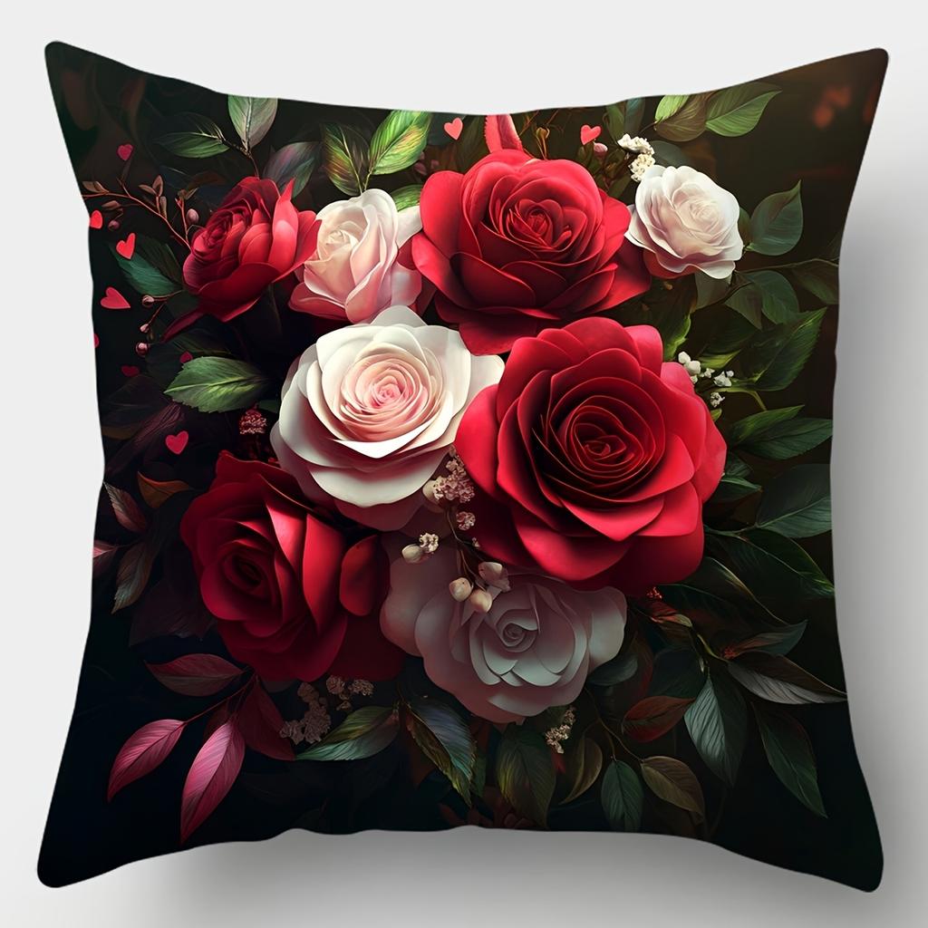 4Pcs Love & Romance Style Pillow Covers, Colorful Red & White Rose Print Cushion Cases, Cozy Home Decor For Bedroom Living Room