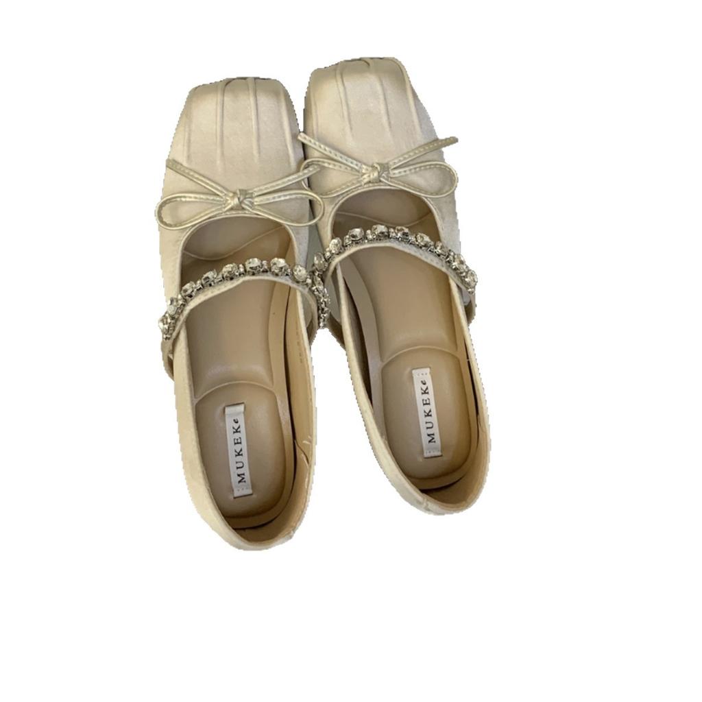 French Gentle Bow Inner Heightening Soft-soled Single Shoes 2025 New Rhinestone Fairy Square Head Ballet Mary Jane Shoes