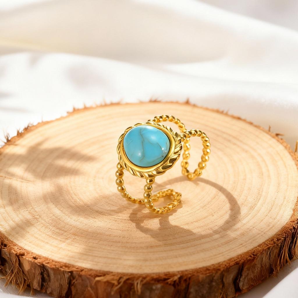 Luxurious Imitation Natural Stone Ring for Women Stainless Steel Twist Texture Opening Rings Retro Finger Jewelry Gift
