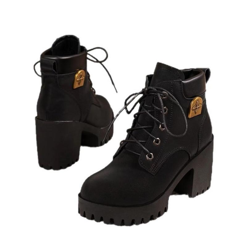 Large Size Thick Heel Martin Boots Women's Autumn and Winter Thick-soled Waterproof Table Casual Lace-up Versatile Short Boots