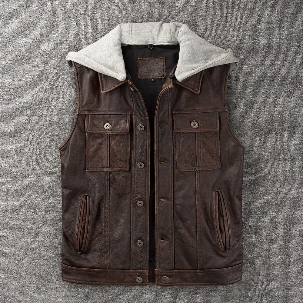 Motorcycle Vest Hood Genuine Cow Men Leather Sleeveless Jacket Biker Riding Vests Men's Genuine Leather Waistcoat Spring
